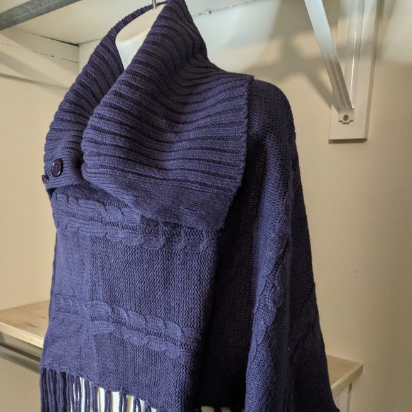 Focus 2000 Purple Cable Knit with Fringe Cowl Neck Cape - Picture 2 of 3